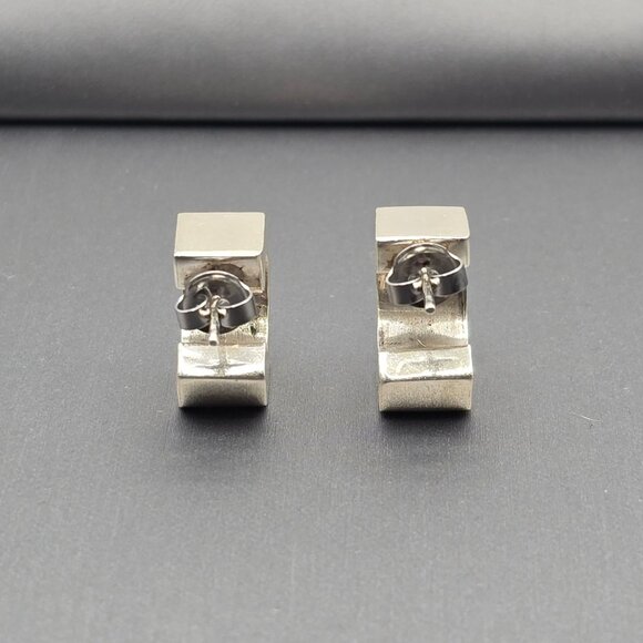 Sterling Silver Geometric C-Hoop Earrings Bold .75" Modern Hexagon Design - Picture 5 of 13